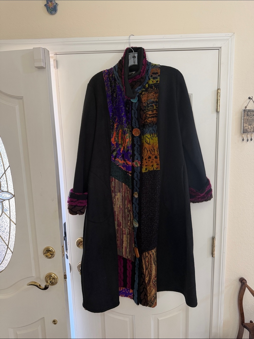 Black Patchwork Trim Long Coat with Multicolor. Size is between a large and med